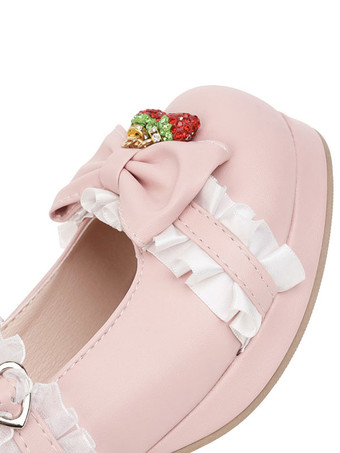 甘いロリータ靴はイチゴの丸いつま先PUレザーロリータ靴を弓します。