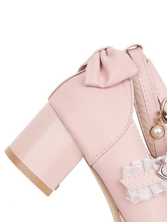 甘いロリータ靴はイチゴの丸いつま先PUレザーロリータ靴を弓します。