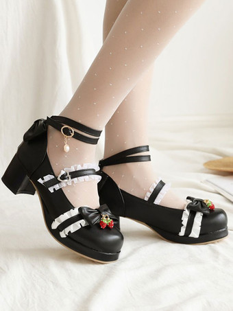 ブラック 甘いロリータ靴はイチゴの丸いつま先PUレザーロリータ靴を弓します。
