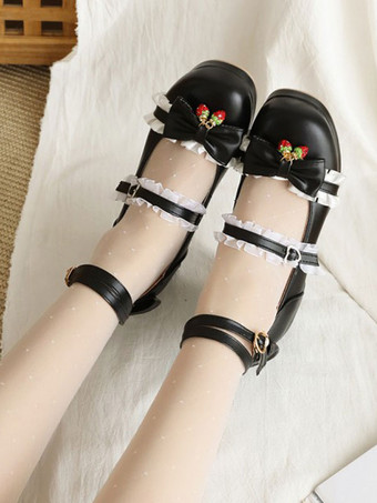 甘いロリータ靴はイチゴの丸いつま先PUレザーロリータ靴を弓します。