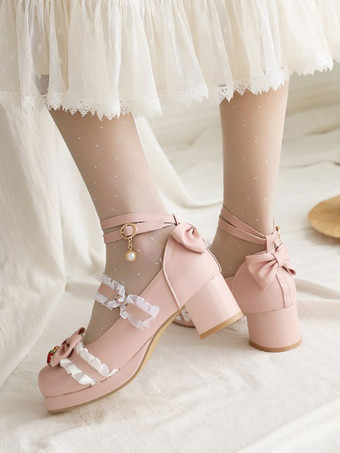 甘いロリータ靴はイチゴの丸いつま先PUレザーロリータ靴を弓します。