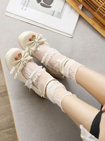 アイボリー 甘いロリータ靴はイチゴの丸いつま先PUレザーロリータ靴を弓します。