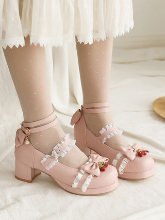 甘いロリータ靴はイチゴの丸いつま先PUレザーロリータ靴を弓します。