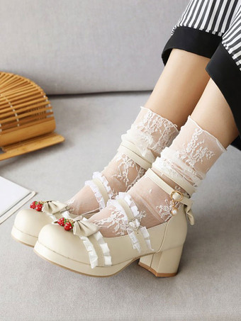 甘いロリータ靴はイチゴの丸いつま先PUレザーロリータ靴を弓します。