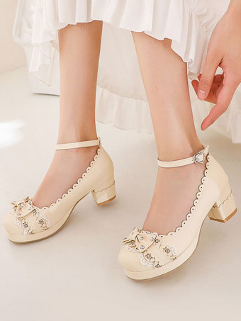 アプリコット甘いロリータシューズリボンPUレザーチャンキーヒールロリータシューズ