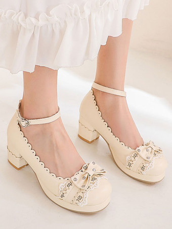 甘いロリータシューズリボンPUレザーチャンキーヒールロリータシューズ