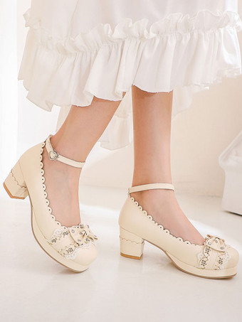 甘いロリータシューズリボンPUレザーチャンキーヒールロリータシューズ