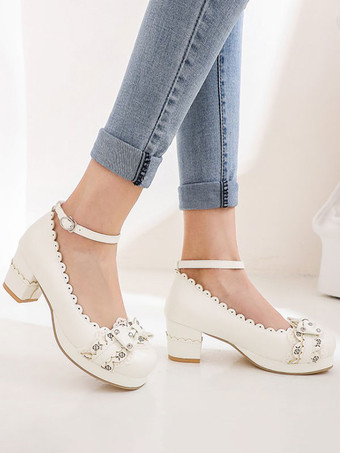 ホワイト 甘いロリータシューズリボンPUレザーチャンキーヒールロリータシューズ