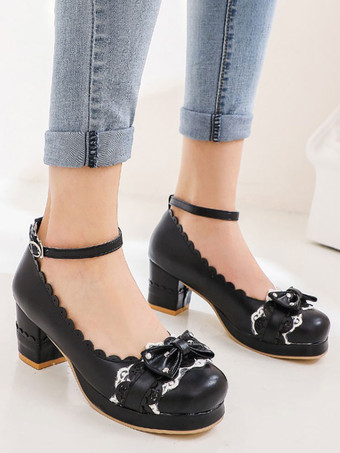 ブラック 甘いロリータシューズリボンPUレザーチャンキーヒールロリータシューズ