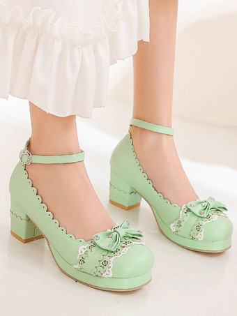 ライトグリーン 甘いロリータシューズリボンPUレザーチャンキーヒールロリータシューズ