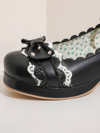 甘いロリータシューズリボンPUレザーチャンキーヒールロリータシューズ