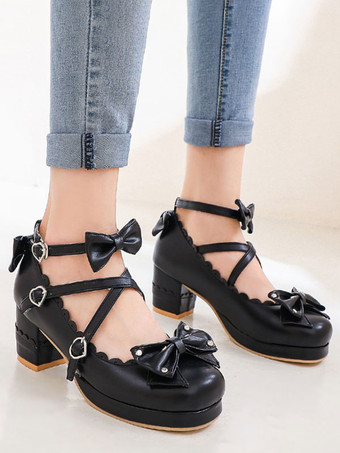 Sweet Lolita Footwear Bows Zapatos de punta redonda Cuero de PU Lolita Pumps