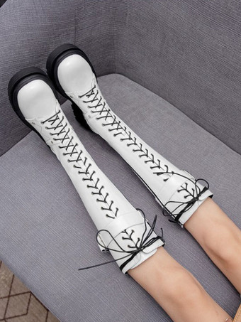 ニーハイブーツ ブラック ラウンドトゥ 調節可能なストラップ フラットフォーム デイリー カジュアル レディース ブーツ