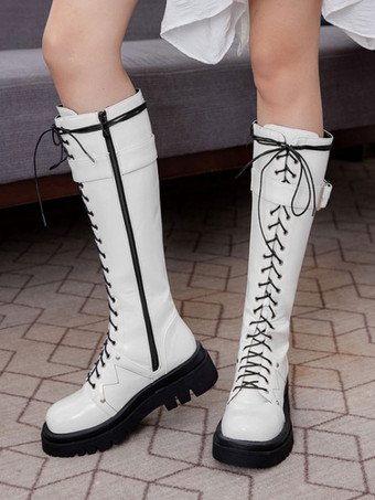 ニーハイブーツ ブラック ラウンドトゥ 調節可能なストラップ フラットフォーム デイリー カジュアル レディース ブーツ