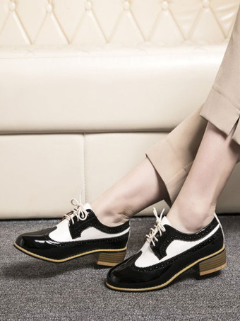 ブラック 女性オックスフォードクラシックラウンドトゥレースアップPUレザーオックスフォードシューズ