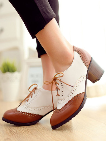 PUレザーレースアップブロックヒールオックスフォードシューズ クラシックラウンドトゥ 女性 ブラック