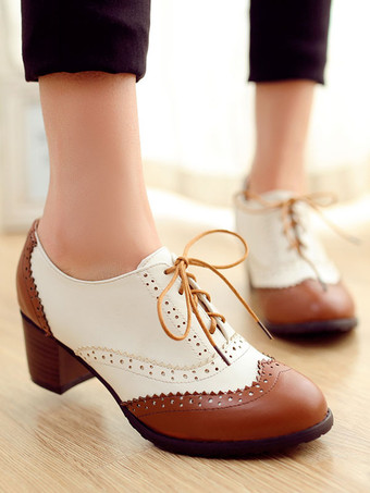 PUレザーレースアップブロックヒールオックスフォードシューズ クラシックラウンドトゥ 女性 ブラック