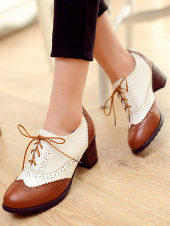 ブラウン PUレザーレースアップブロックヒールオックスフォードシューズ クラシックラウンドトゥ 女性 ブラック