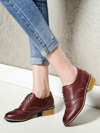 女性オックスフォードクラシックラウンドトゥPUレザーレースアップカジュアルシューズ