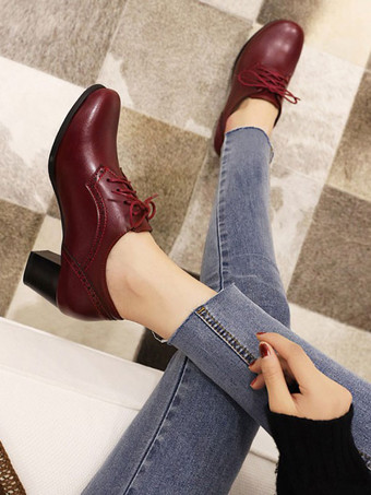 ブラウンオックスフォードレディースラウンドトゥレースアップブロックヒールオックスフォードシューズ