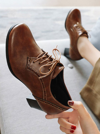 ブラウン ブラウンオックスフォードレディースラウンドトゥレースアップブロックヒールオックスフォードシューズ