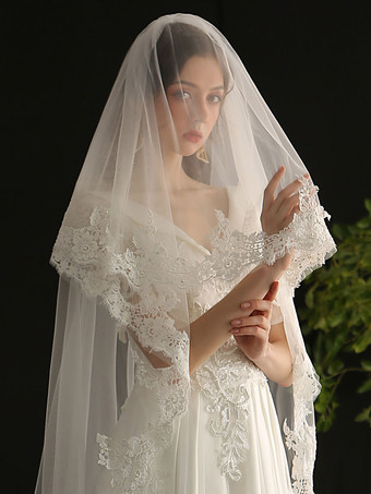 milanoo.com Ivory Wedding Veils One-Tier Lace Tulle Finished Edge Waterfall Bridal Veil