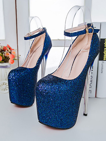 女性のセクシーなハイヒールピンクの正方形のつま先スパンコールアンクルストラップスティレットヒールのセクシーな靴