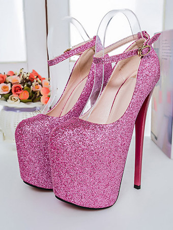 女性のセクシーなハイヒールピンクの正方形のつま先スパンコールアンクルストラップスティレットヒールのセクシーな靴