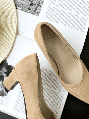 女性用ミッドローヒールピンク快適尖ったつま先チャンキーヒールスエードスリッポンパンプス