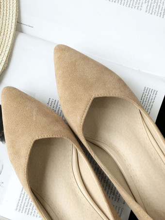 女性用ミッドローヒールピンク快適尖ったつま先チャンキーヒールスエードスリッポンパンプス