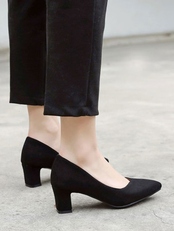 女性用ミッドローヒールピンク快適尖ったつま先チャンキーヒールスエードスリッポンパンプス