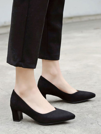 ブラック 女性用ミッドローヒールピンク快適尖ったつま先チャンキーヒールスエードスリッポンパンプス
