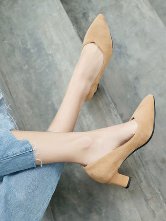 アプリコット女性用ミッドローヒールピンク快適尖ったつま先チャンキーヒールスエードスリッポンパンプス