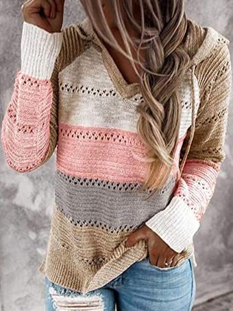 女性のプルオーバーセーターグレーフード付き長袖巾着セーター