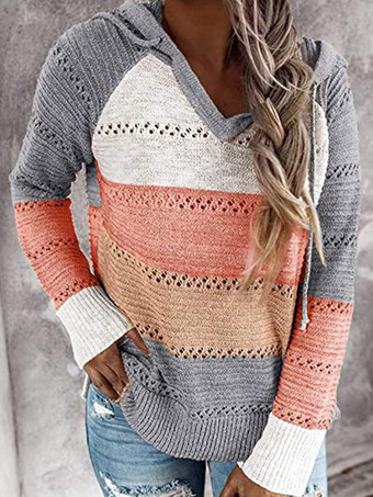 Women Pullover Sweater Grey Hooded Long Sleeves Drawstring Sweaters