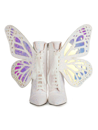 ホワイト ハイヒール ショート ブーツ 女性のアンクル ブーツ スパンコール布ブルー バタフライ ポインテッドトゥ