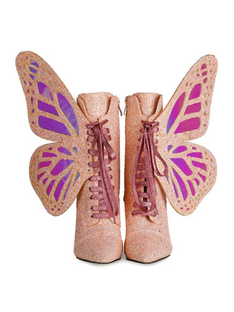 ピンクハイヒール ショート ブーツ 女性のアンクル ブーツ スパンコール布ブルー バタフライ ポインテッドトゥ