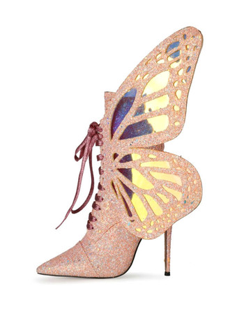 ハイヒール ショート ブーツ 女性のアンクル ブーツ スパンコール布ブルー バタフライ ポインテッドトゥ