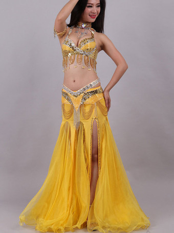 ゴールドベリーダンスコスチュームスパンコールボリウッドダンスコスチューム