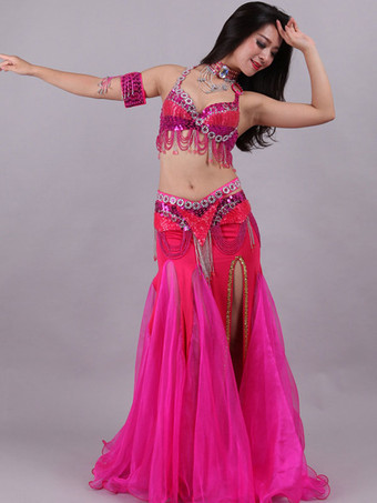 ローズレッドベリーダンスコスチュームスパンコールボリウッドダンスコスチューム