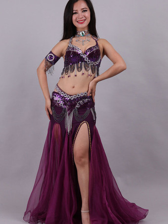 パープル ベリーダンスコスチュームスパンコールボリウッドダンスコスチューム