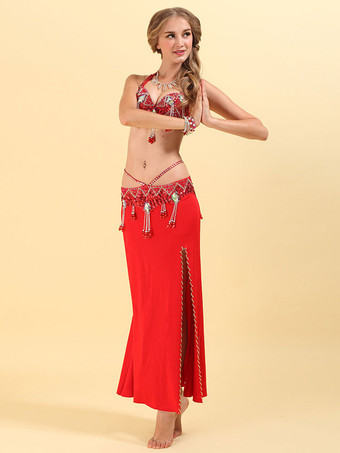レッド ベリーダンスコスチューム大人用高スプリットボリウッドダンスセット