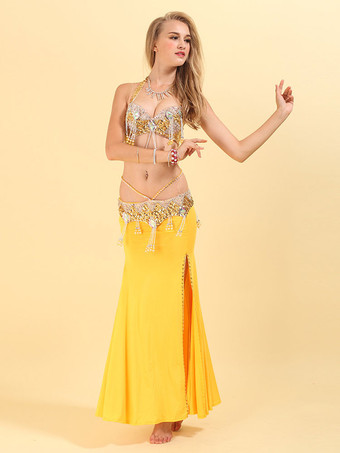 ゴールドベリーダンスコスチューム大人用高スプリットボリウッドダンスセット