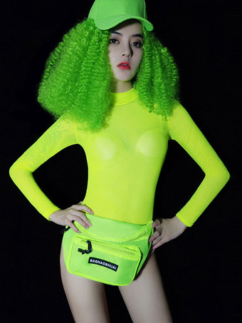 ジャズダンスコスチュームネオングリーンボディスーツダンシングウェア