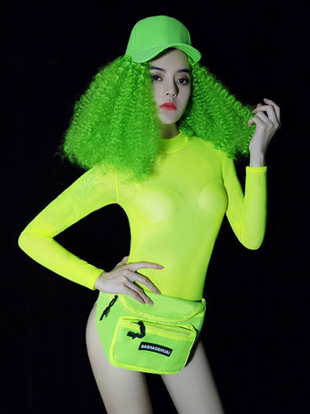 ジャズダンスコスチュームネオングリーンボディスーツダンシングウェア