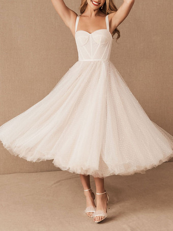 Vestido corto de novia blanco A-Line Sweetheart Pearls Spaghetti Straps Vestido de longitud de té Personalización gratuita