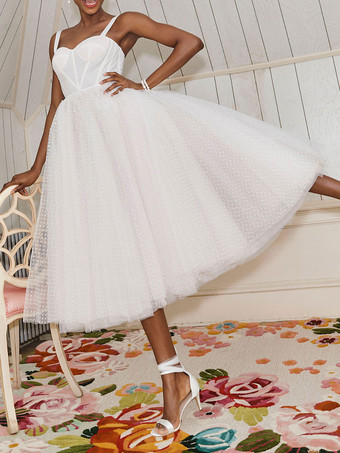 ホワイト ブライダル ショートドレス Aライン スイートハート パール スパゲッティストラップ ティーレングス ドレス 自由なカスタマイズ