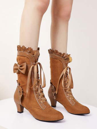 ブラウン ロリータブーツ ボウキトンヒール ラウンドトゥ レースアップ ロリータシューズ