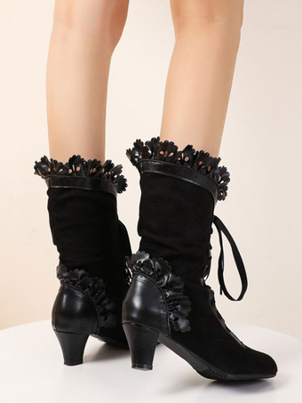 ロリータブーツ ボウキトンヒール ラウンドトゥ レースアップ ロリータシューズ