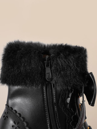 甘いロリータブーツ弓フェイクファー中空チャンキーヒールロリータシューズ